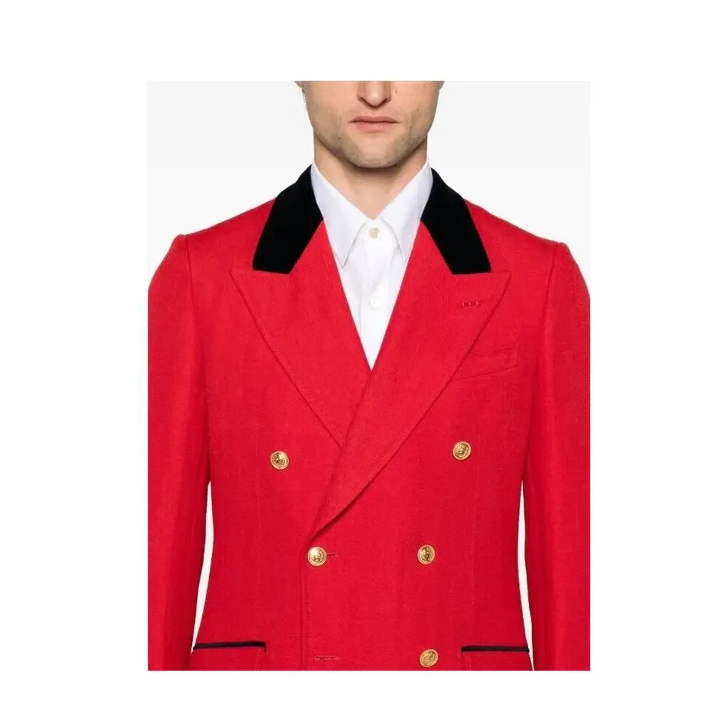 NWT Gucci Double Breasted Herringbone Wool Linen Blazer Red IT 48 US 38 $3,600